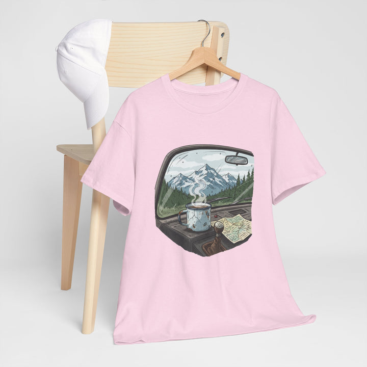Van Roadtrip View T-Shirt featuring a scenic travel-inspired design. Soft cotton comfort perfect for van life, road trips, and outdoor adventures.