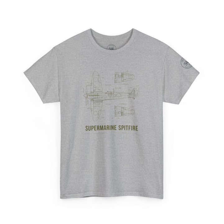Gray T-shirt by S&amp;W Gallus featuring a Supermarine Spitfire blueprint design on the front.