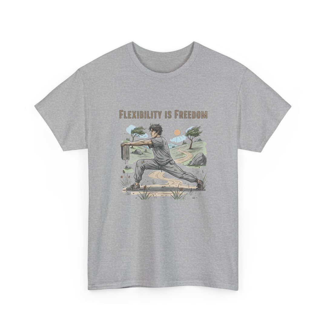 Flexibility Is Freedom Tee – soft, breathable cotton featuring a motivational design. Perfect for yoga, Pilates, stretching, or casual active lifestyle wear.