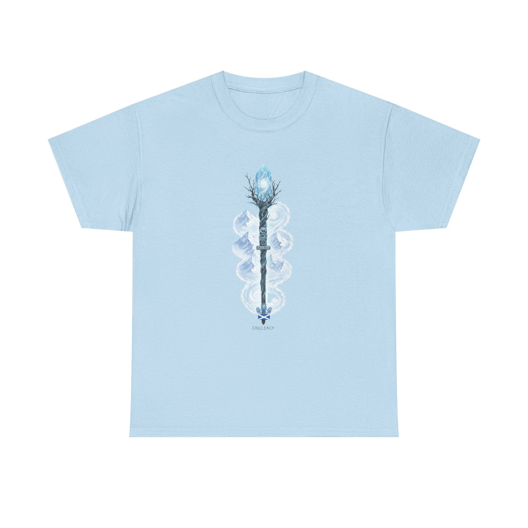 Light blue t-shirt by S&amp;W Gallus displaying an illustration of a Scottish staff.