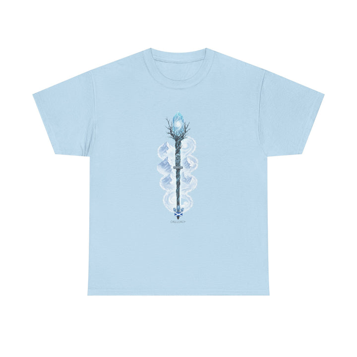 Light blue t-shirt by S&amp;W Gallus displaying an illustration of a Scottish staff.