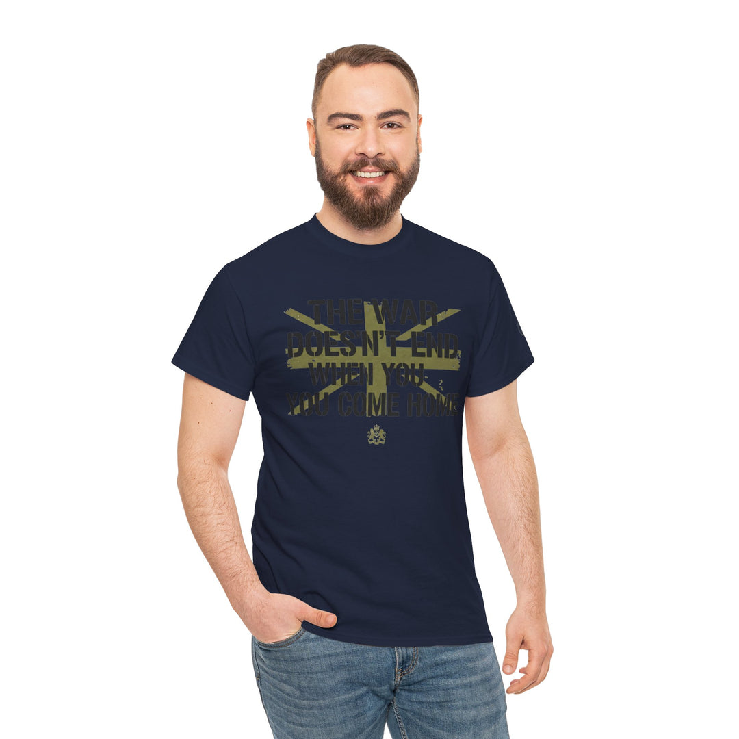 Navy t-shirt by S&amp;W Gallus with a distressed military-inspired graphic, worn with jeans.