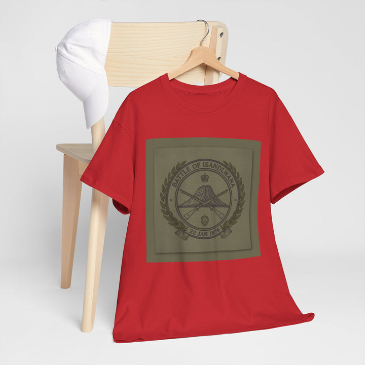 Isandlwana vintage military emblem crewneck T-shirt. Heritage graphic design inspired by historic battlefield legacy.