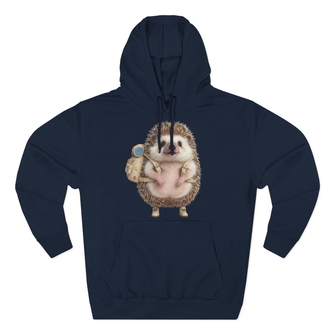 Navy hoodie by S&amp;W Gallus featuring a cartoon hedgehog wearing a backpack and hiking boots.