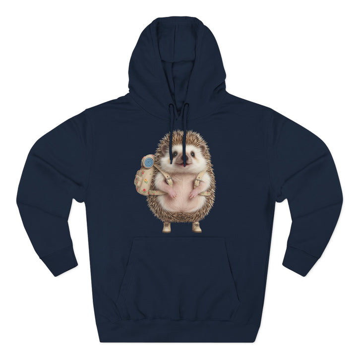 Navy hoodie by S&amp;W Gallus featuring a cartoon hedgehog wearing a backpack and hiking boots.
