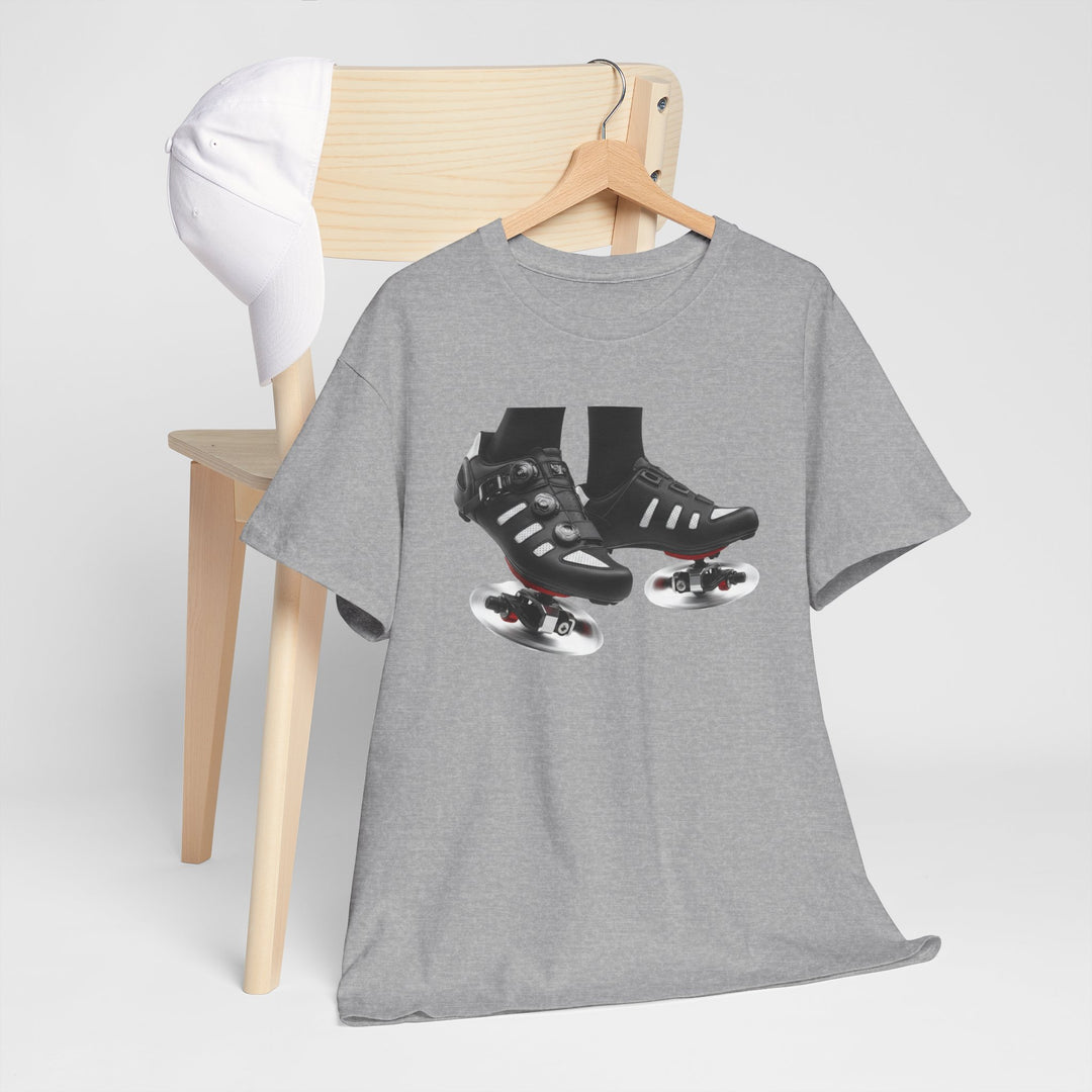 Spin Shoes Tee – soft, breathable cotton featuring a cycling shoes graphic. Perfect for spin classes, indoor workouts, and casual activewear.