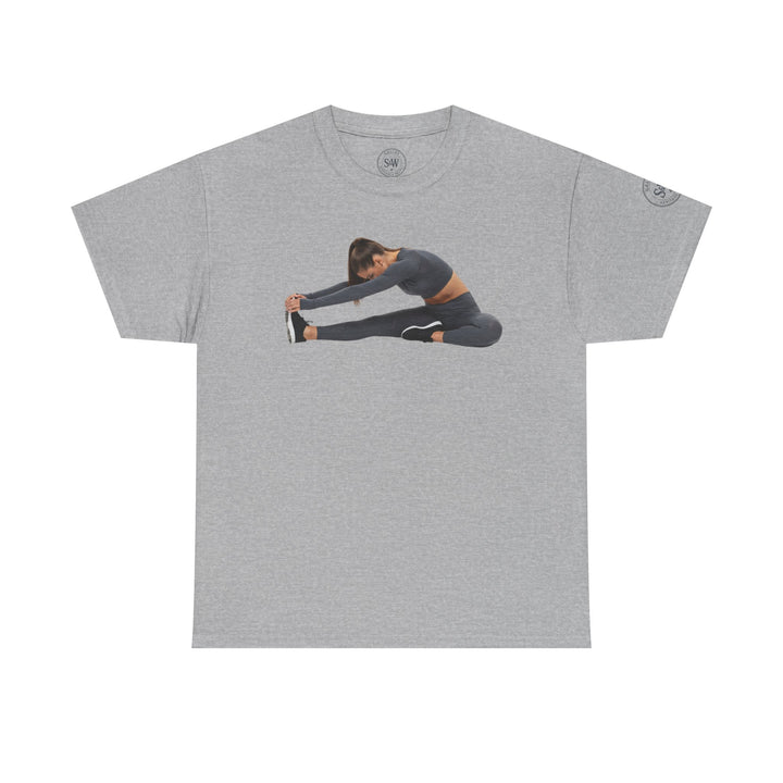 Gray yoga stretch t-shirt by S&amp;W Gallus, featuring a woman stretching printed on the front.