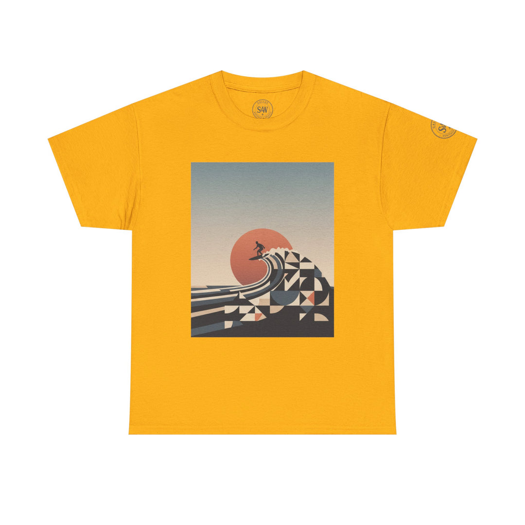 Mustard yellow t-shirt by S&amp;W Gallus with a graphic of a surfer riding a geometric wave at sunset.