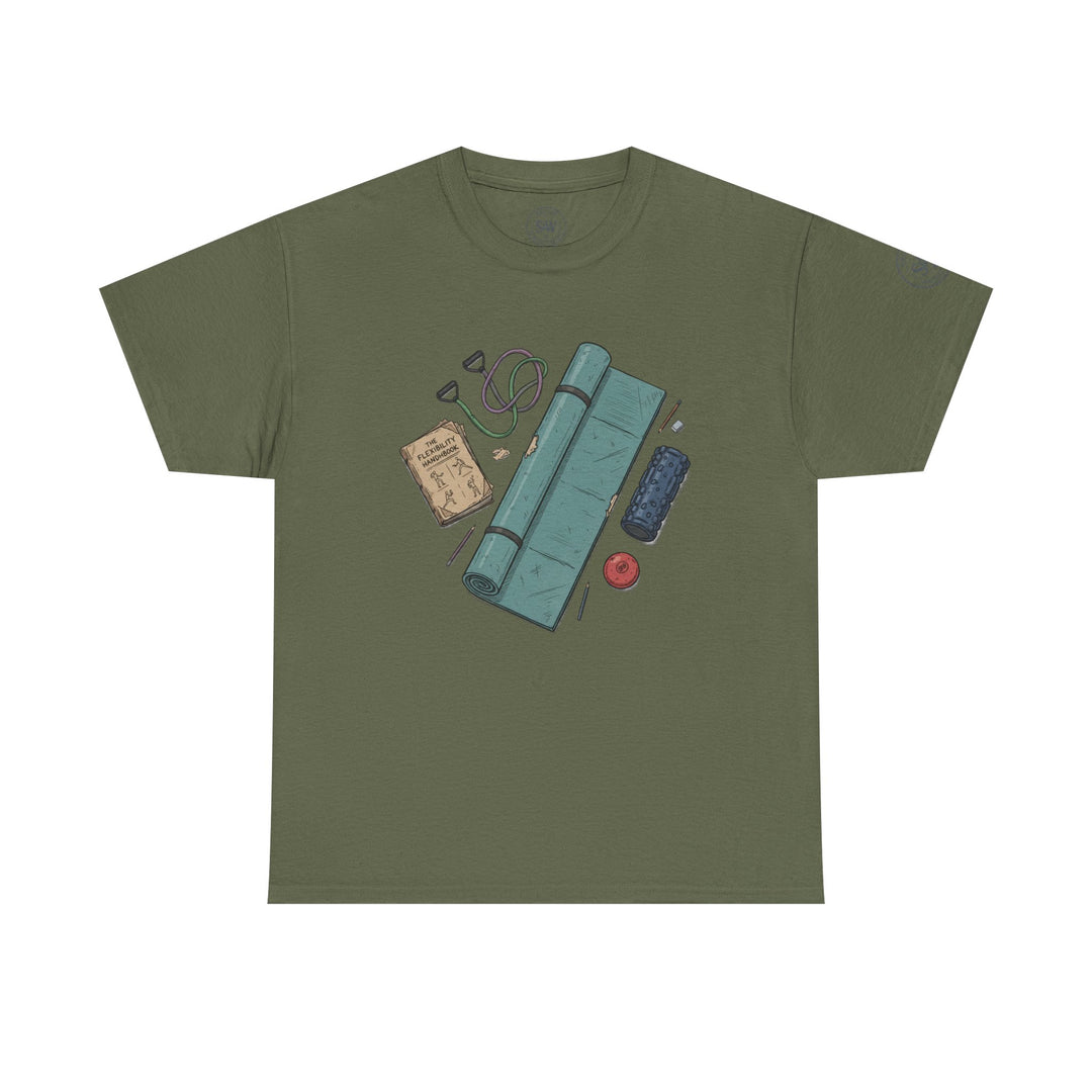 Olive green t-shirt by S&amp;W Gallus, displaying a graphic of flexibility accessories and an instructional handbook.