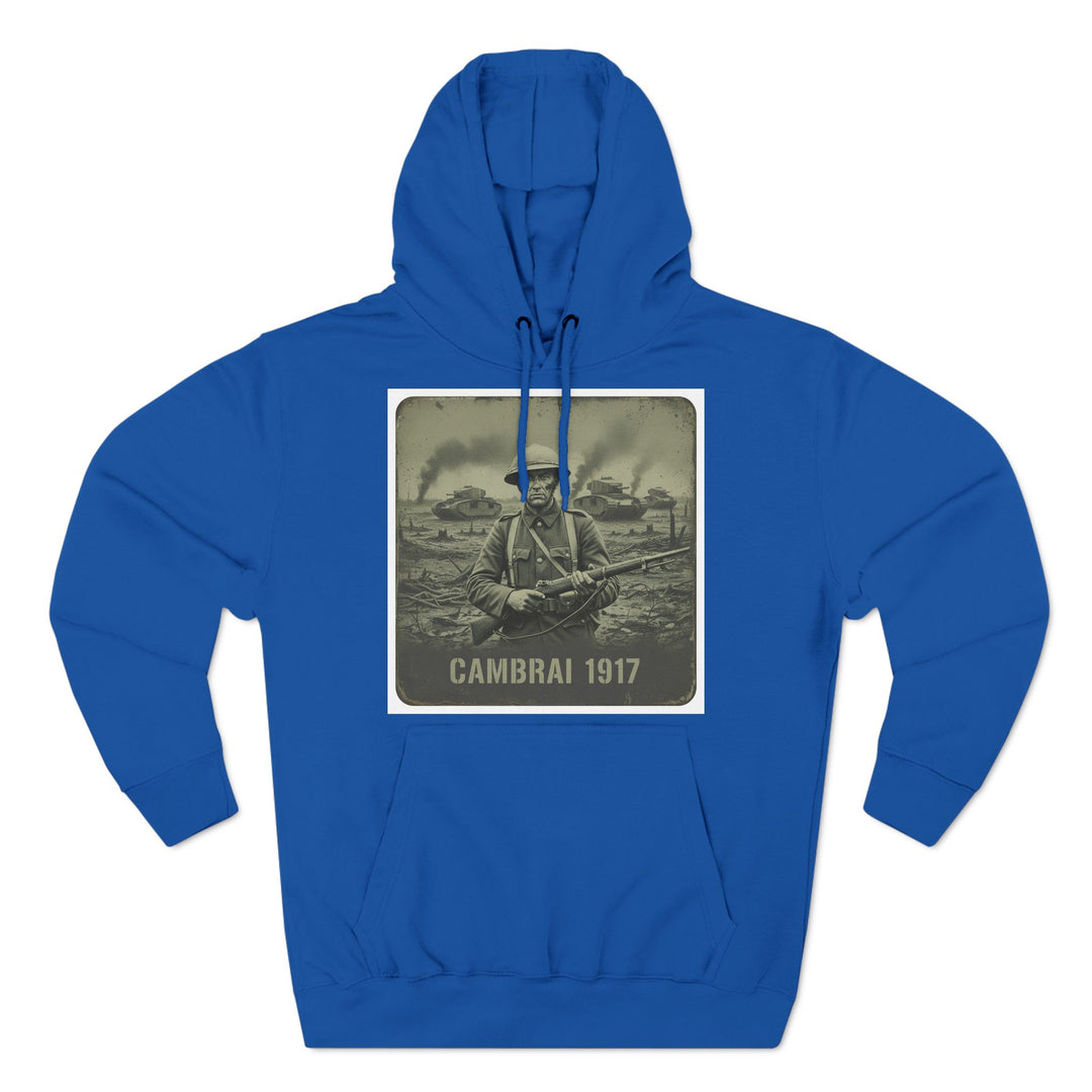 Royal blue military hoodie by S&amp;W Gallus featuring a vintage print of a soldier and tanks with "Cambrai 1917" text.
