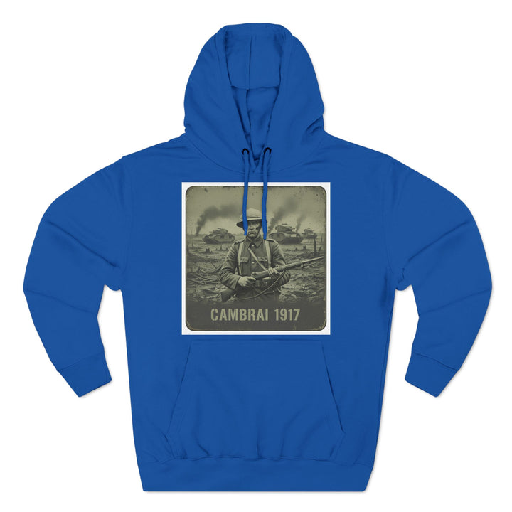Royal blue military hoodie by S&amp;W Gallus featuring a vintage print of a soldier and tanks with "Cambrai 1917" text.