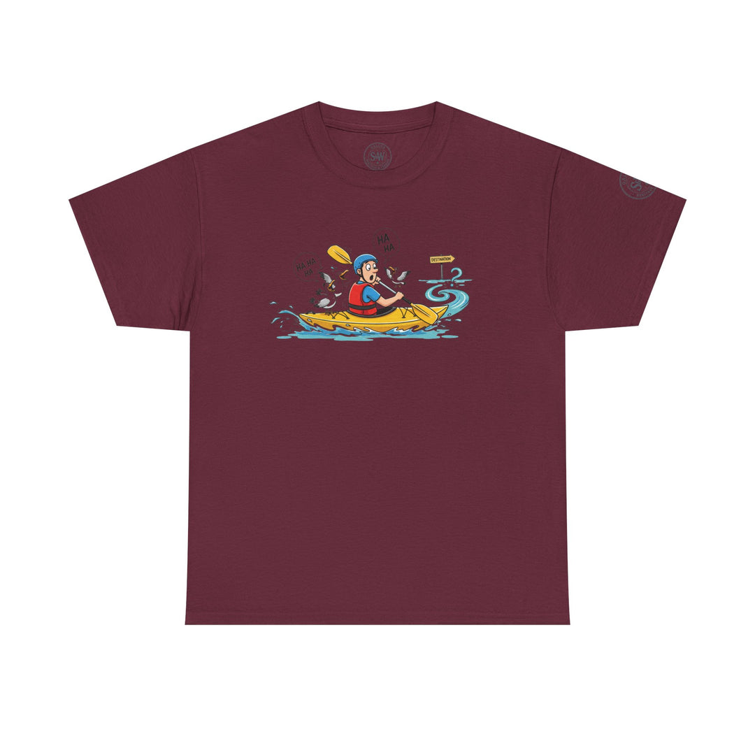 Maroon t-shirt by S&amp;W Gallus featuring a cartoon graphic of a kayaker being laughed at by ducks.