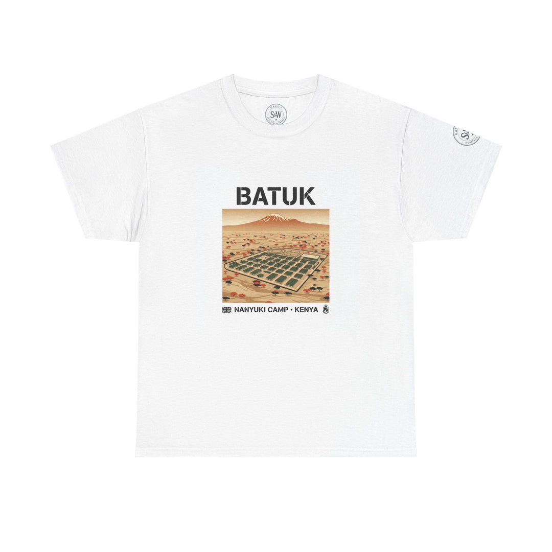 White graphic t-shirt by S&amp;W Gallus with a camp Kenya desert travel design.