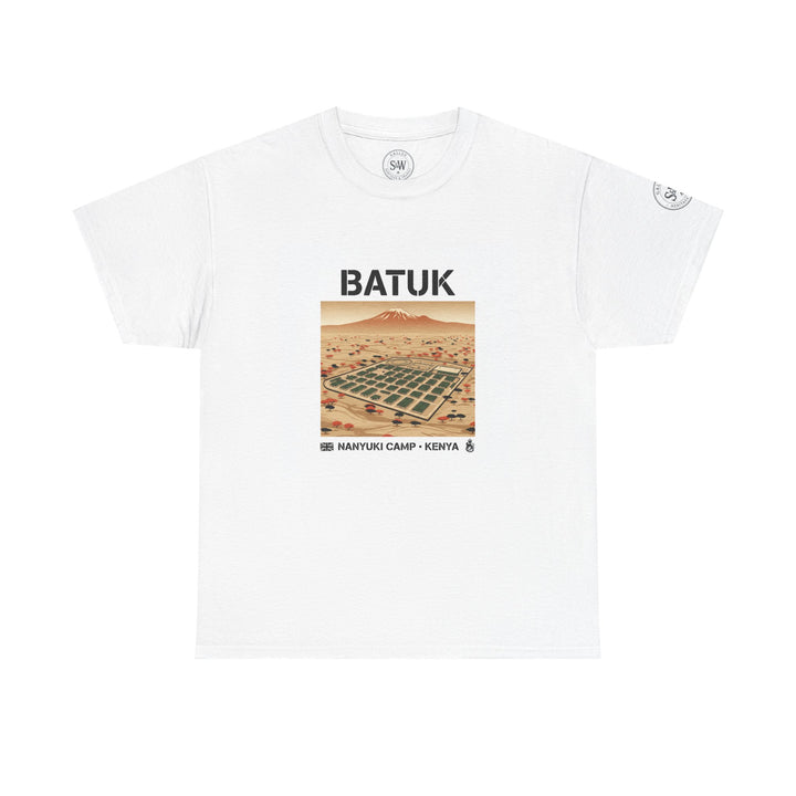 White graphic t-shirt by S&amp;W Gallus with a camp Kenya desert travel design.