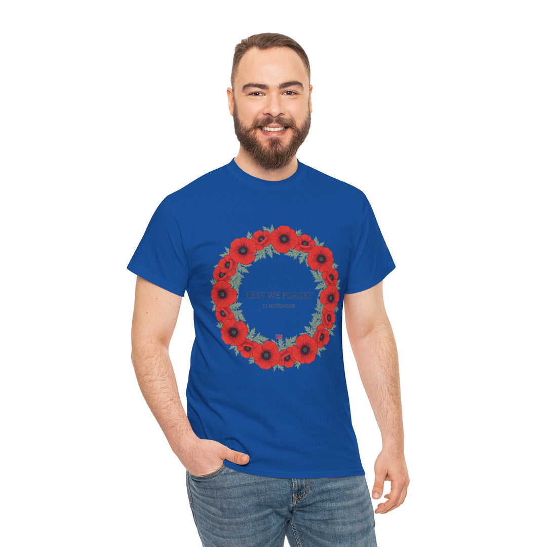 Blue T-shirt by S&amp;W Gallus with a floral wreath design and "Lest We Forget" text.