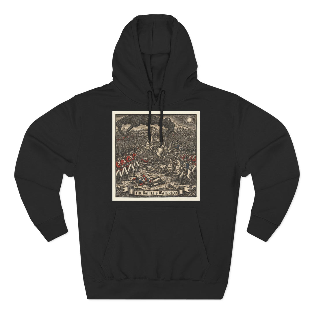 Black hoodie by S&amp;W Gallus featuring a square graphic print of The Battle of Waterloo on the chest.