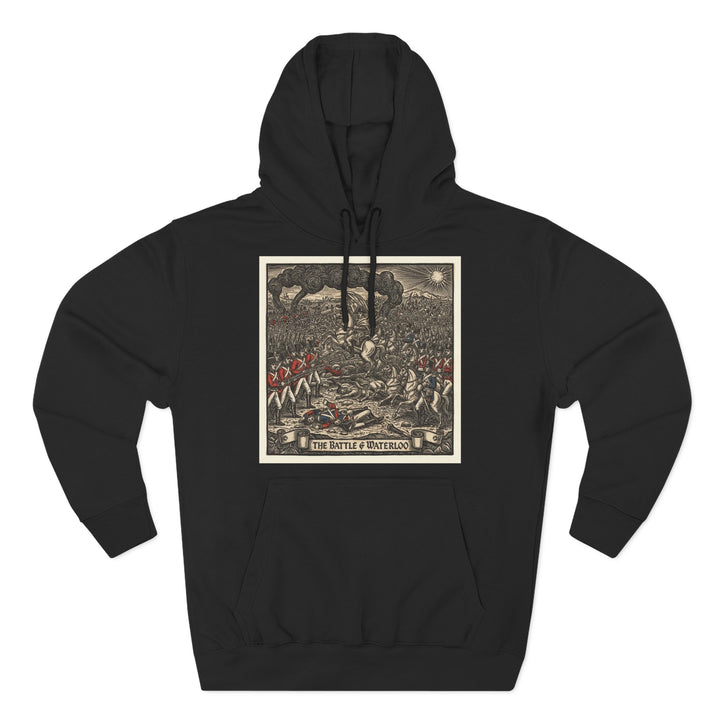 Black hoodie by S&amp;W Gallus featuring a square graphic print of The Battle of Waterloo on the chest.