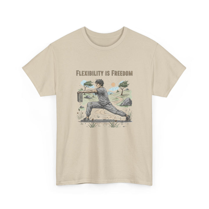Flexibility Is Freedom Tee – soft, breathable cotton featuring a motivational design. Perfect for yoga, Pilates, stretching, or casual active lifestyle wear.