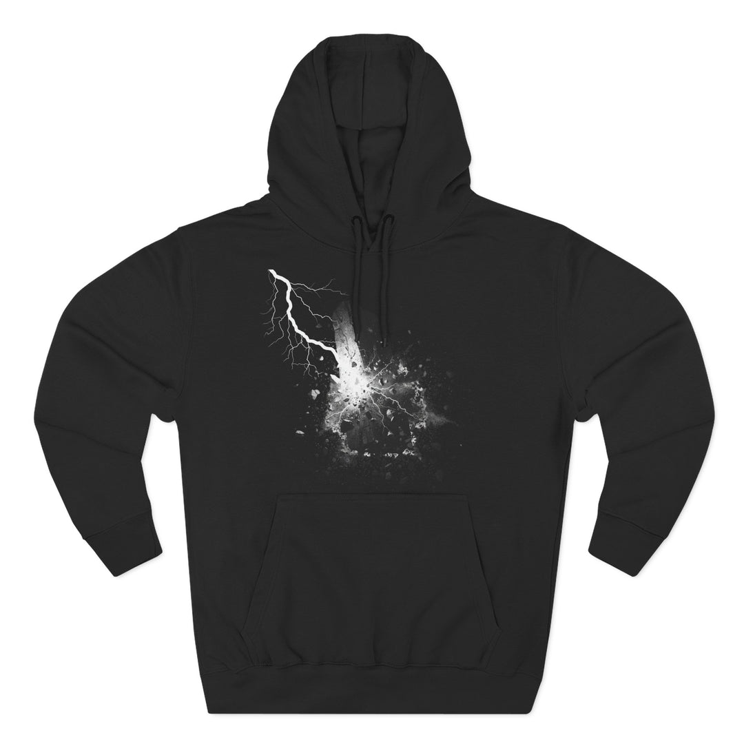 Black hoodie by S&amp;W Gallus featuring a lightning bolt and a smashed stone graphic on the front.