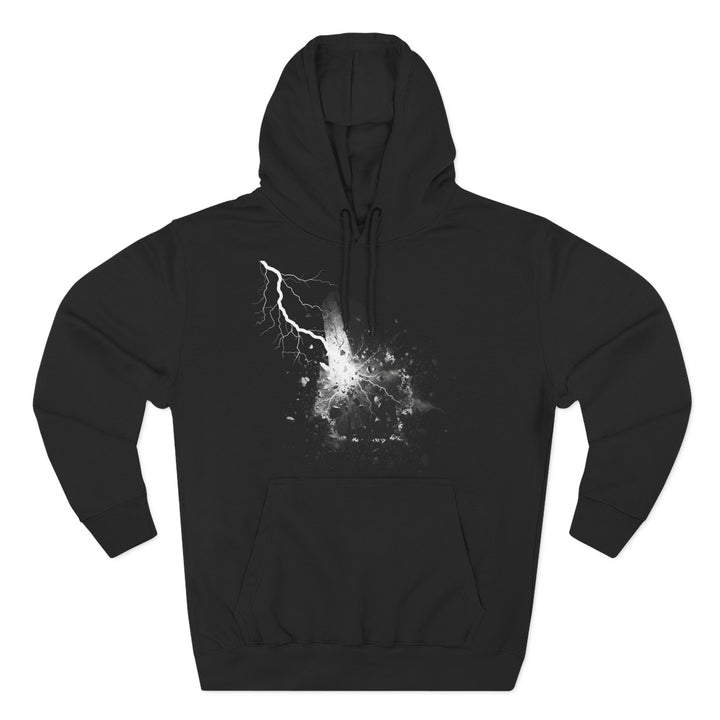 Black hoodie by S&amp;W Gallus featuring a lightning bolt and a smashed stone graphic on the front.