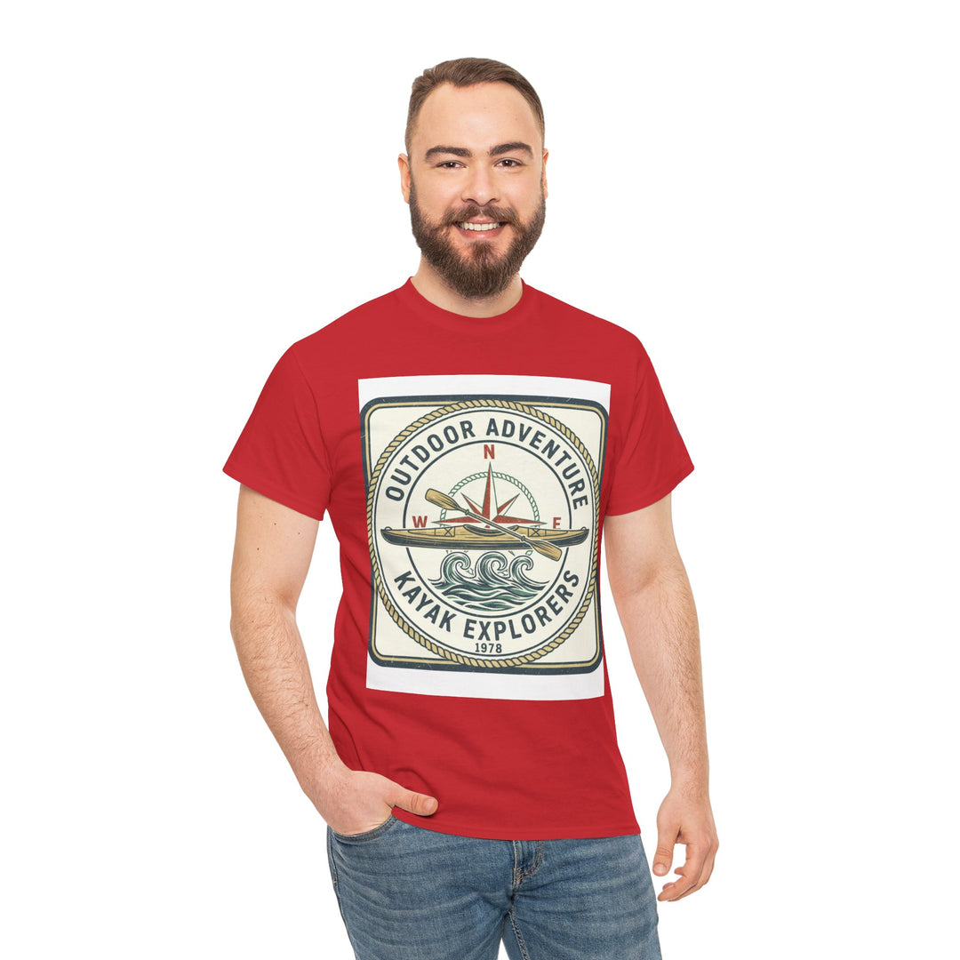 Red kayak explorers t-shirt by S&amp;W Gallus, featuring a square graphic logo and paired with blue jeans.