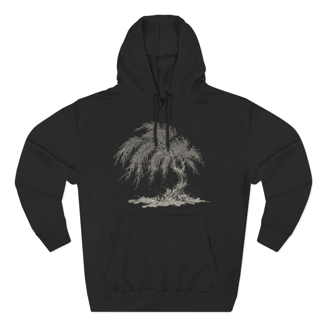 Black hoodie by S&amp;W Gallus, displaying a detailed tree illustration in gray tones on the front.