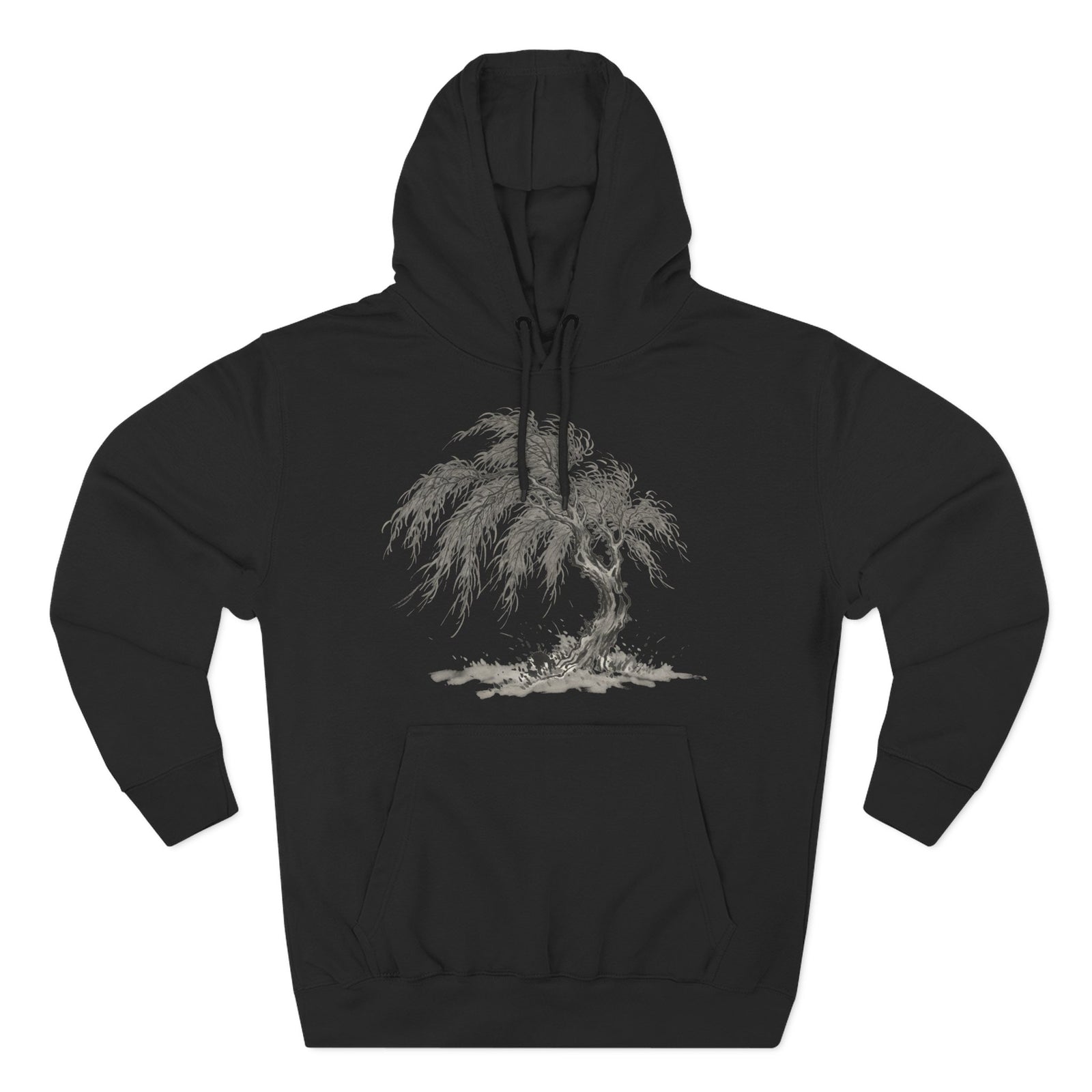 Black hoodie by S&W Gallus, displaying a detailed tree illustration in gray tones on the front.