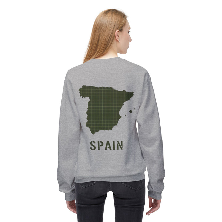 Spain Map Crewneck Sweatshirt — Military Green Grid Spain Graphic