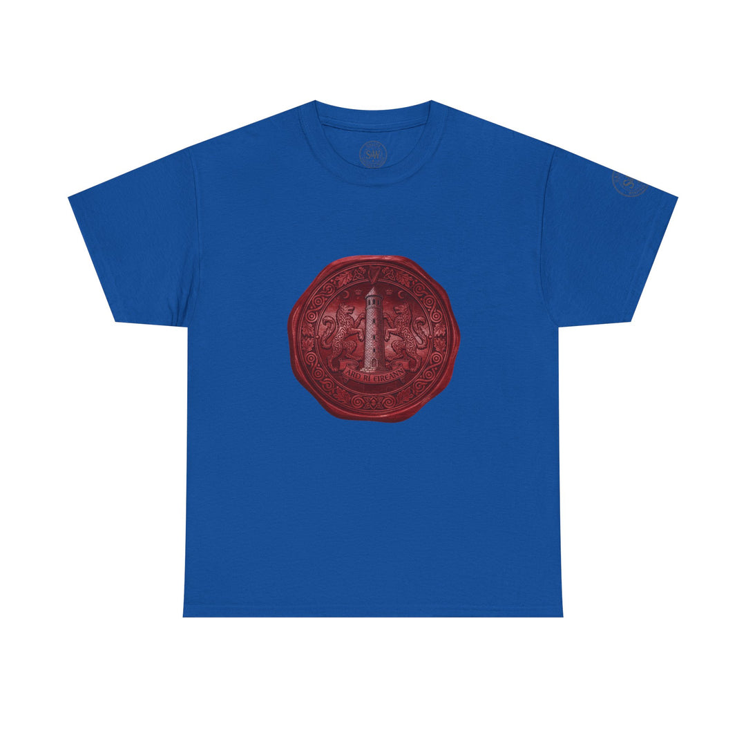Blue T-shirt by S&amp;W Gallus, featuring a red wax seal graphic on the chest.