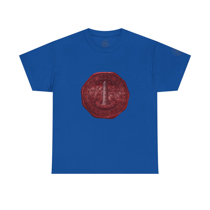 Blue T-shirt by S&amp;W Gallus, featuring a red wax seal graphic on the chest.