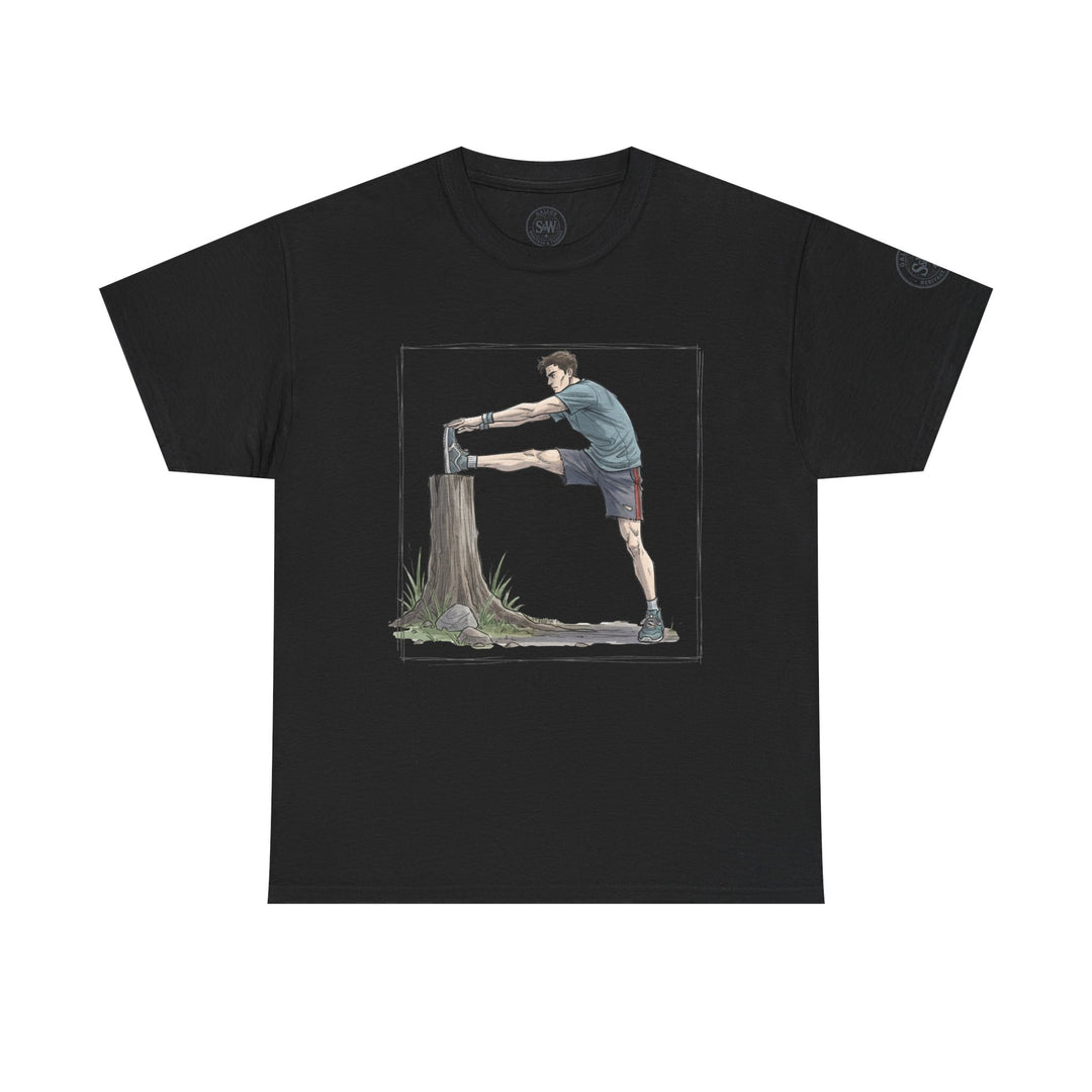 Black t-shirt by S&amp;W Gallus featuring a graphic of a man stretching against a tree stump in a square frame.