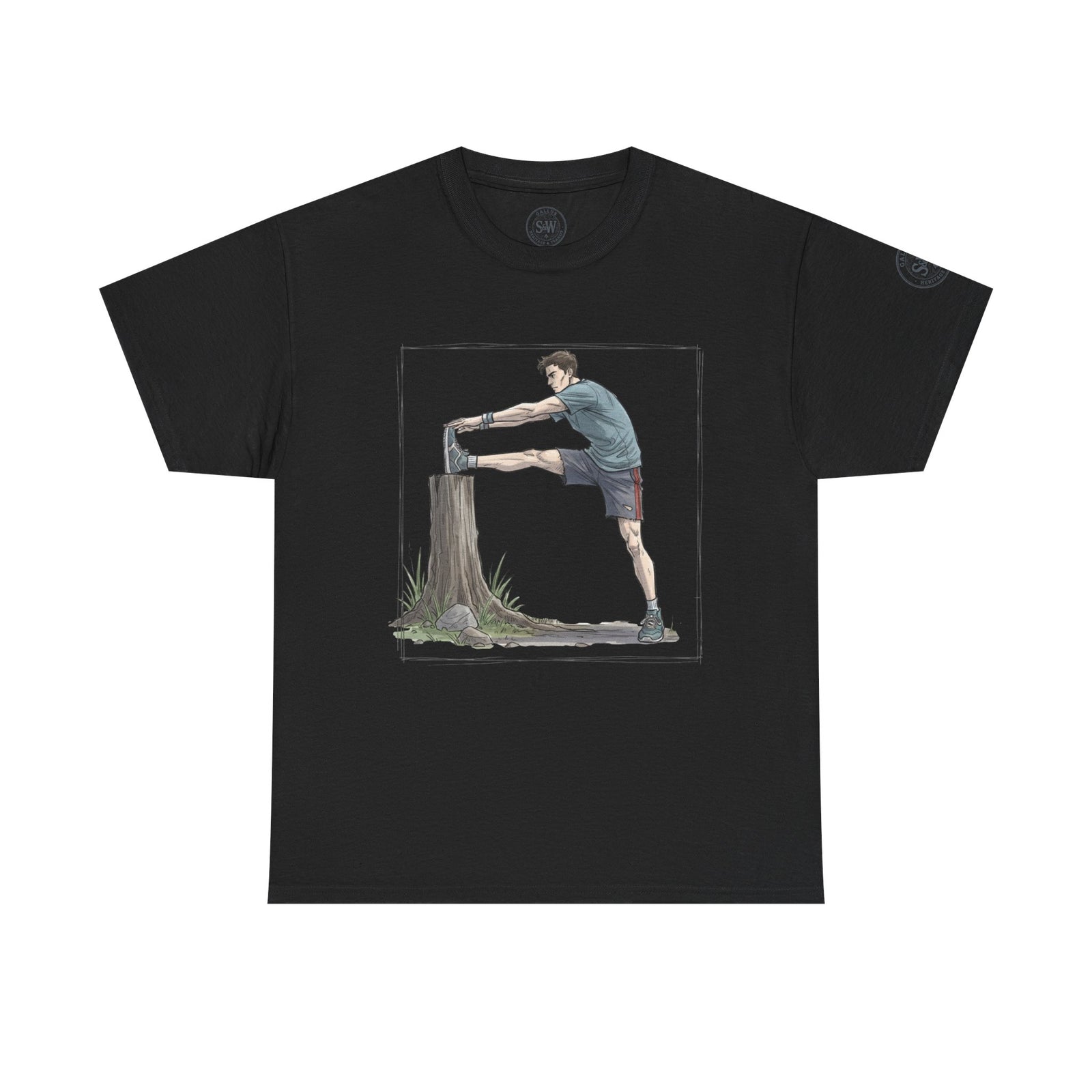 Black t-shirt by S&W Gallus featuring a graphic of a man stretching against a tree stump in a square frame.