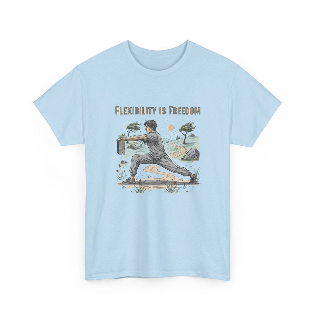 Flexibility Is Freedom Tee – soft, breathable cotton featuring a motivational design. Perfect for yoga, Pilates, stretching, or casual active lifestyle wear.