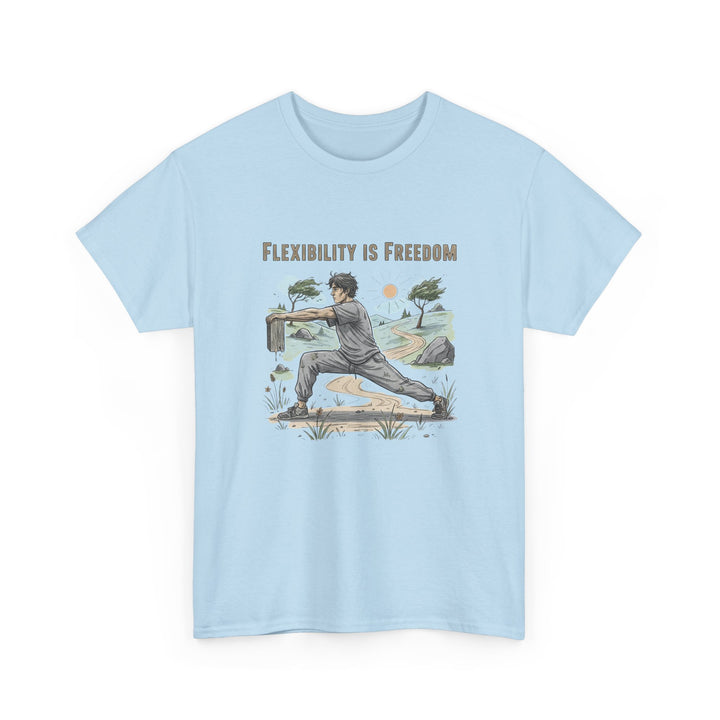 Flexibility Is Freedom Tee – soft, breathable cotton featuring a motivational design. Perfect for yoga, Pilates, stretching, or casual active lifestyle wear.