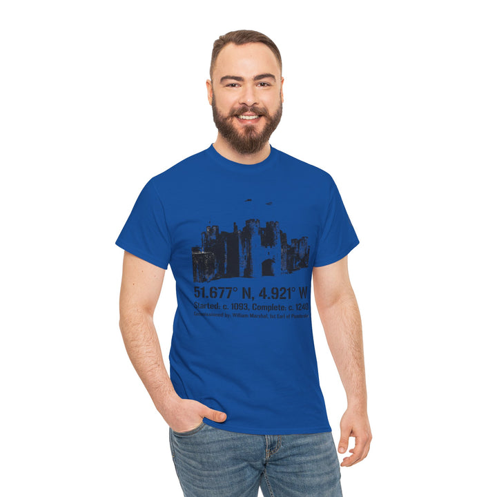 Blue Pembroke Castle T-shirt by S&amp;W Gallus, featuring castle graphic, coordinates, and production information; paired with jeans.