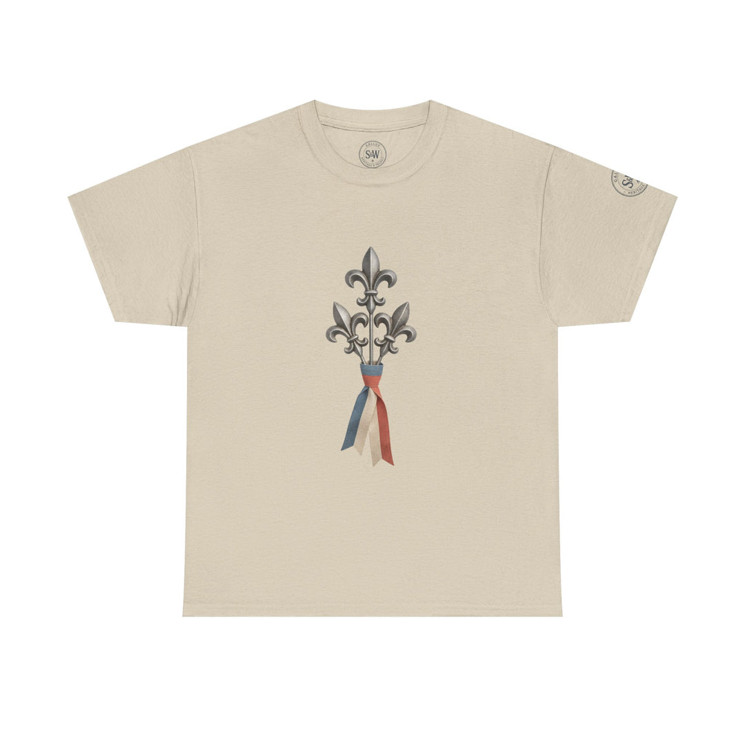 Beige t-shirt by S&amp;W Gallus, featuring a fleur-de-lis graphic with a ribbon detail.

