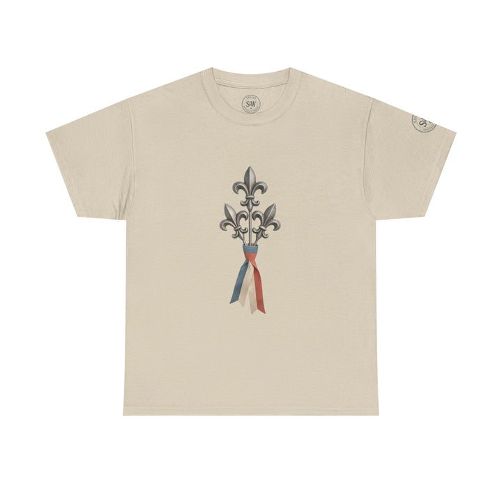 Beige t-shirt by S&amp;W Gallus, featuring a fleur-de-lis graphic with a ribbon detail.
