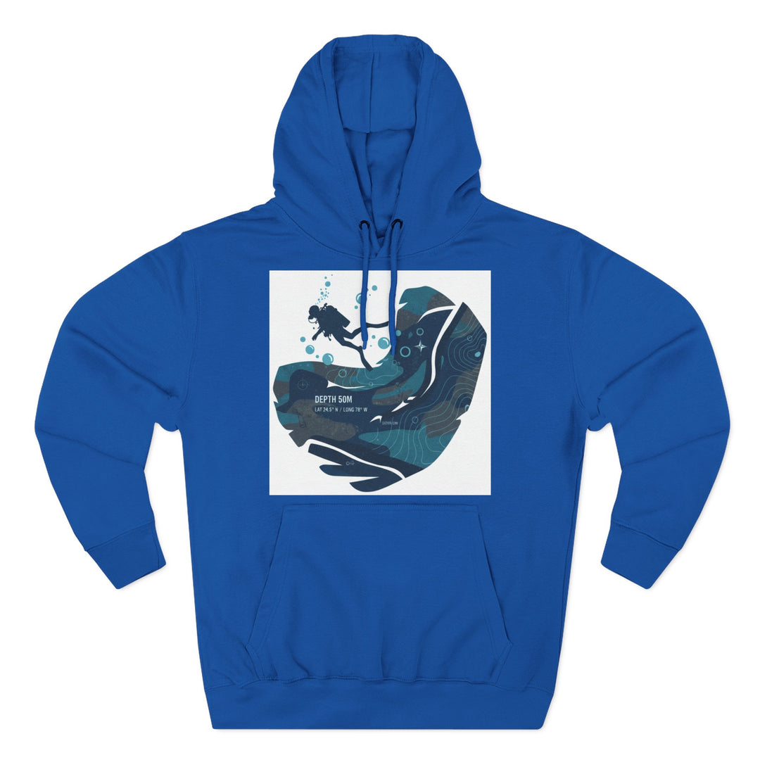 Royal blue hoodie by S&amp;W Gallus with a graphic of a diver and underwater topography, featuring a drawstring hood and front pocket.