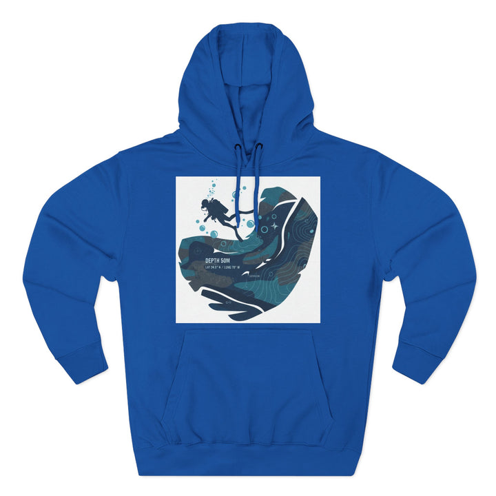 Royal blue hoodie by S&amp;W Gallus with a graphic of a diver and underwater topography, featuring a drawstring hood and front pocket.