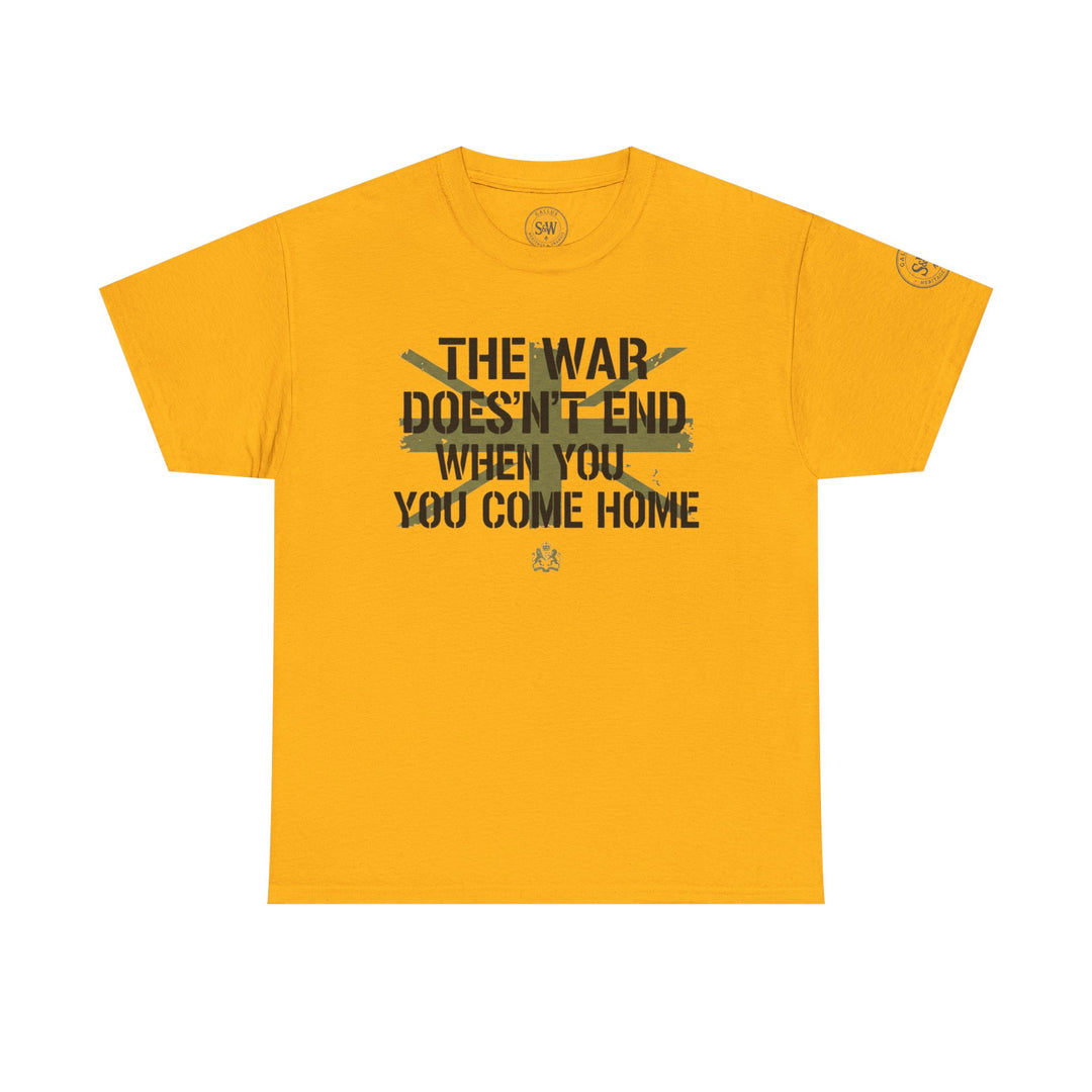 Gold t-shirt by S&amp;W Gallus, featuring a war-related slogan in dark green and distressed font.