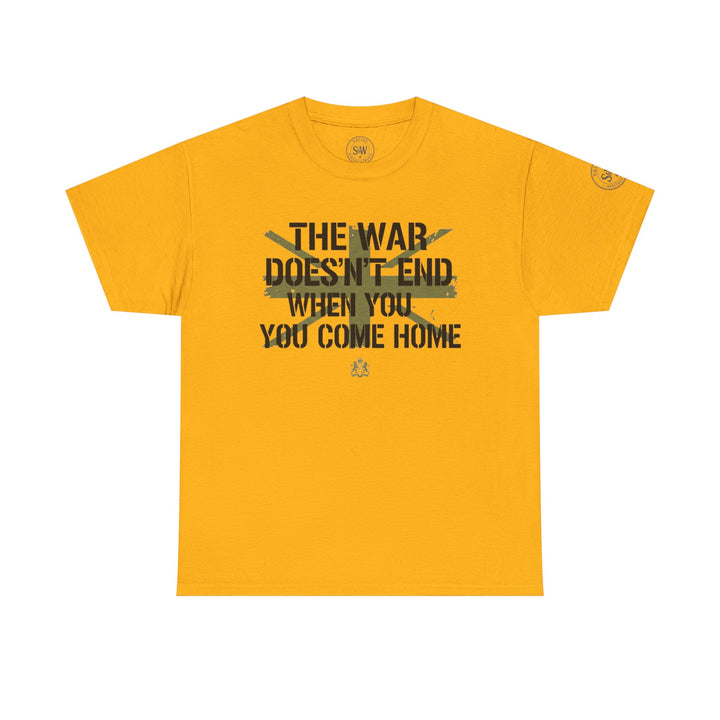 Gold t-shirt by S&amp;W Gallus, featuring a war-related slogan in dark green and distressed font.