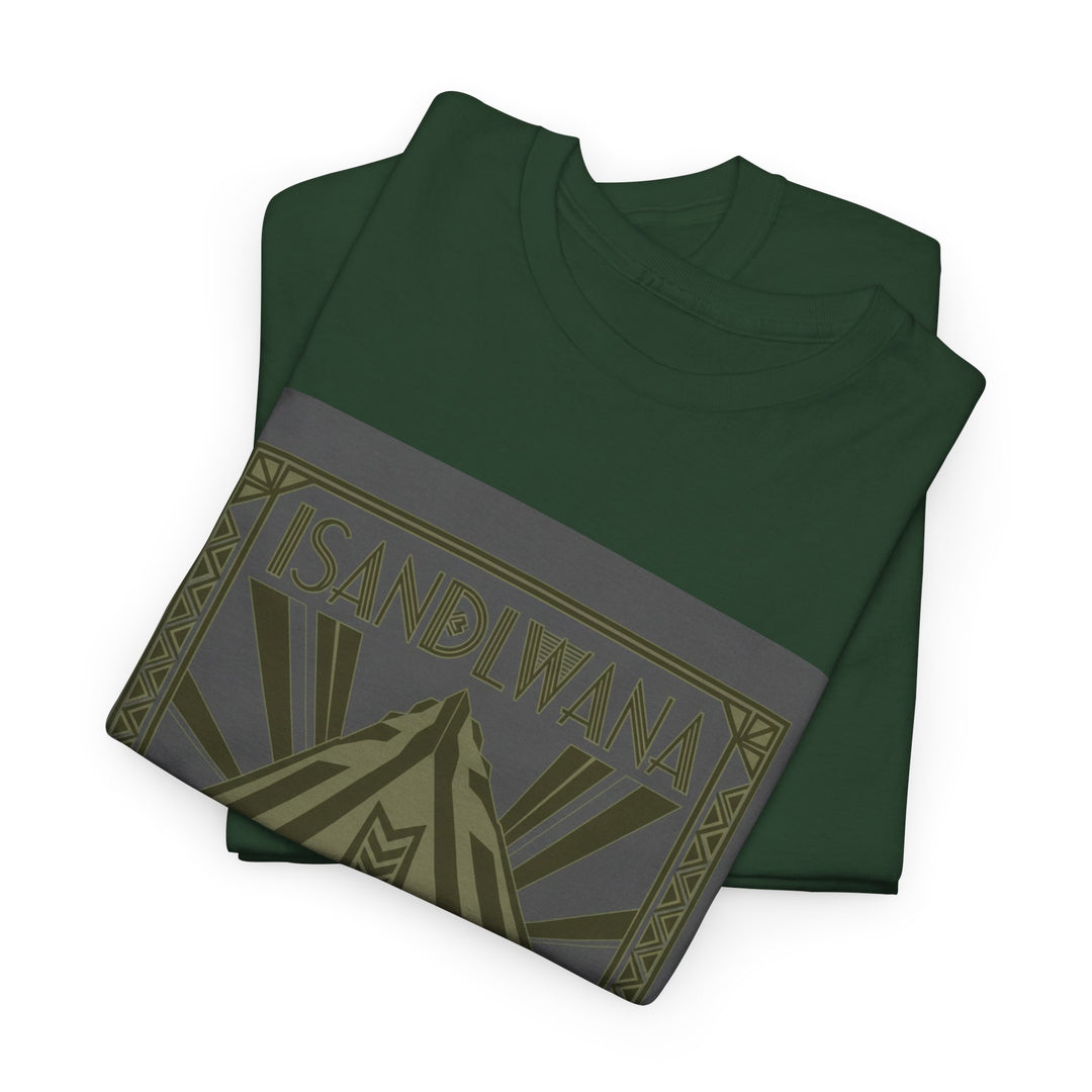 Isandlwana Festival Tee featuring bold “M” pyramid graphic. Outdoor music shirt inspired by iconic landscape vibes.
