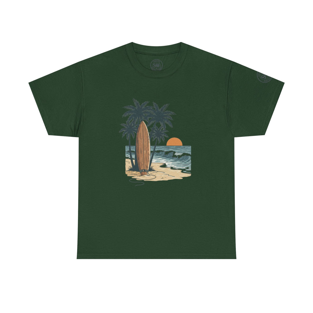 Green T-shirt by S&amp;W Gallus featuring a beach graphic with palm trees, surfboard, and ocean waves.