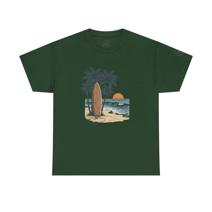 Green T-shirt by S&amp;W Gallus featuring a beach graphic with palm trees, surfboard, and ocean waves.