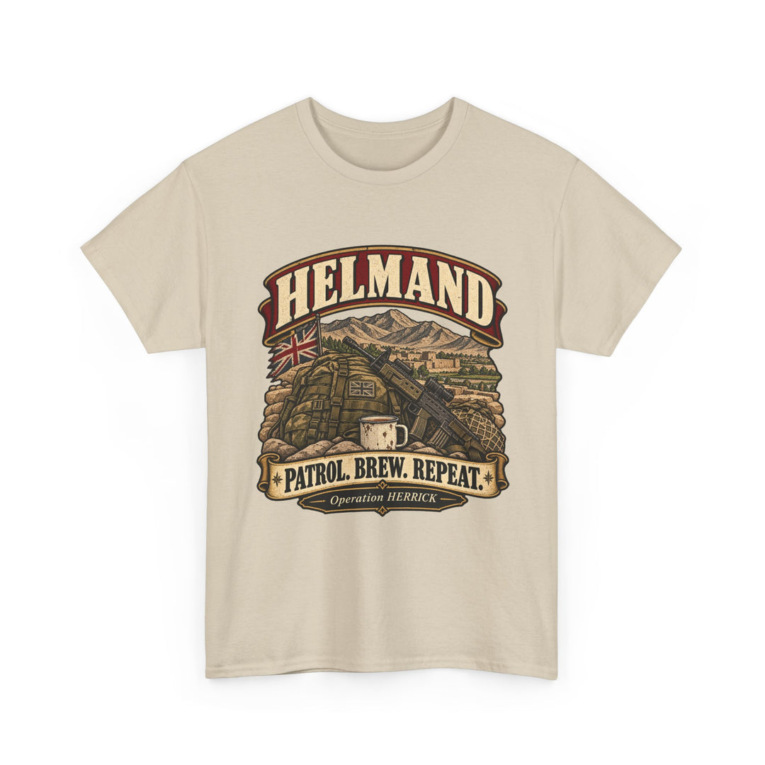 Helmand T-Shirt — “Patrol. Brew. Repeat.” Afghanistan Military Humour Tee