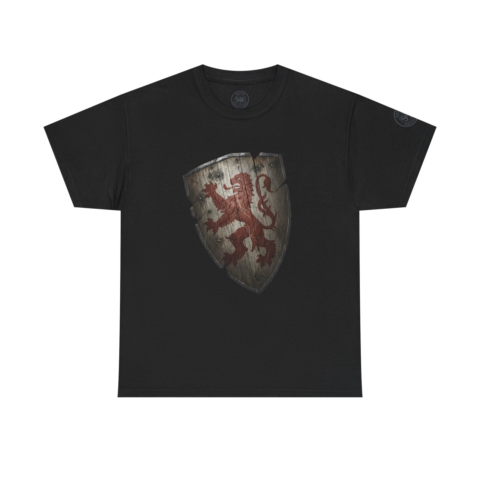 Black t-shirt by S&W Gallus, featuring a heraldic shield graphic with a rampant lion.