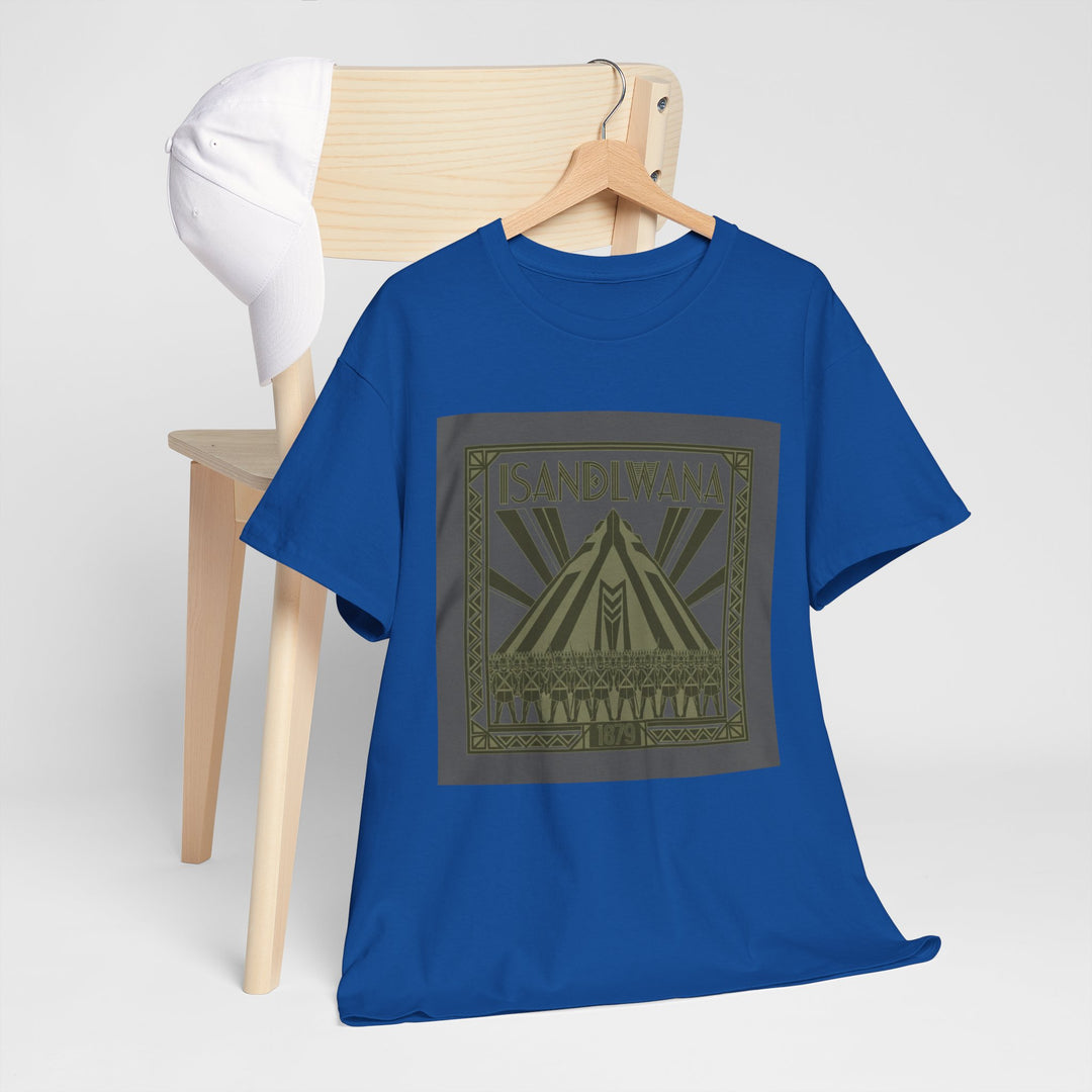 Isandlwana Festival Tee featuring bold “M” pyramid graphic. Outdoor music shirt inspired by iconic landscape vibes.