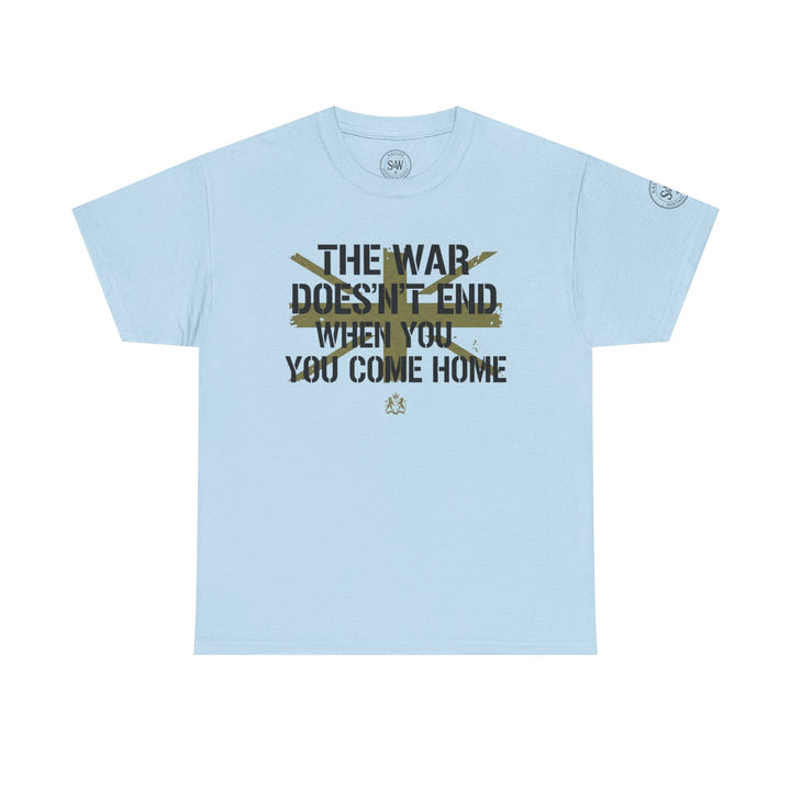 Light blue t-shirt by S&amp;W Gallus with a dark green military-style font and emblem.