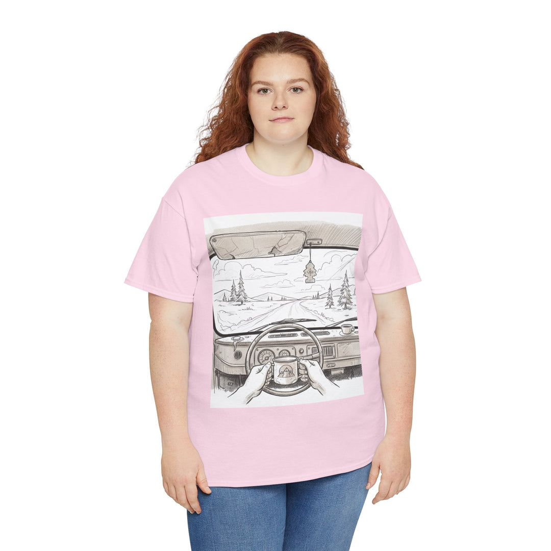 Scenic Drive Van Illustration Tee – soft cotton with a detailed van and landscape design. Perfect for road trips, outdoor adventures, and casual wear.