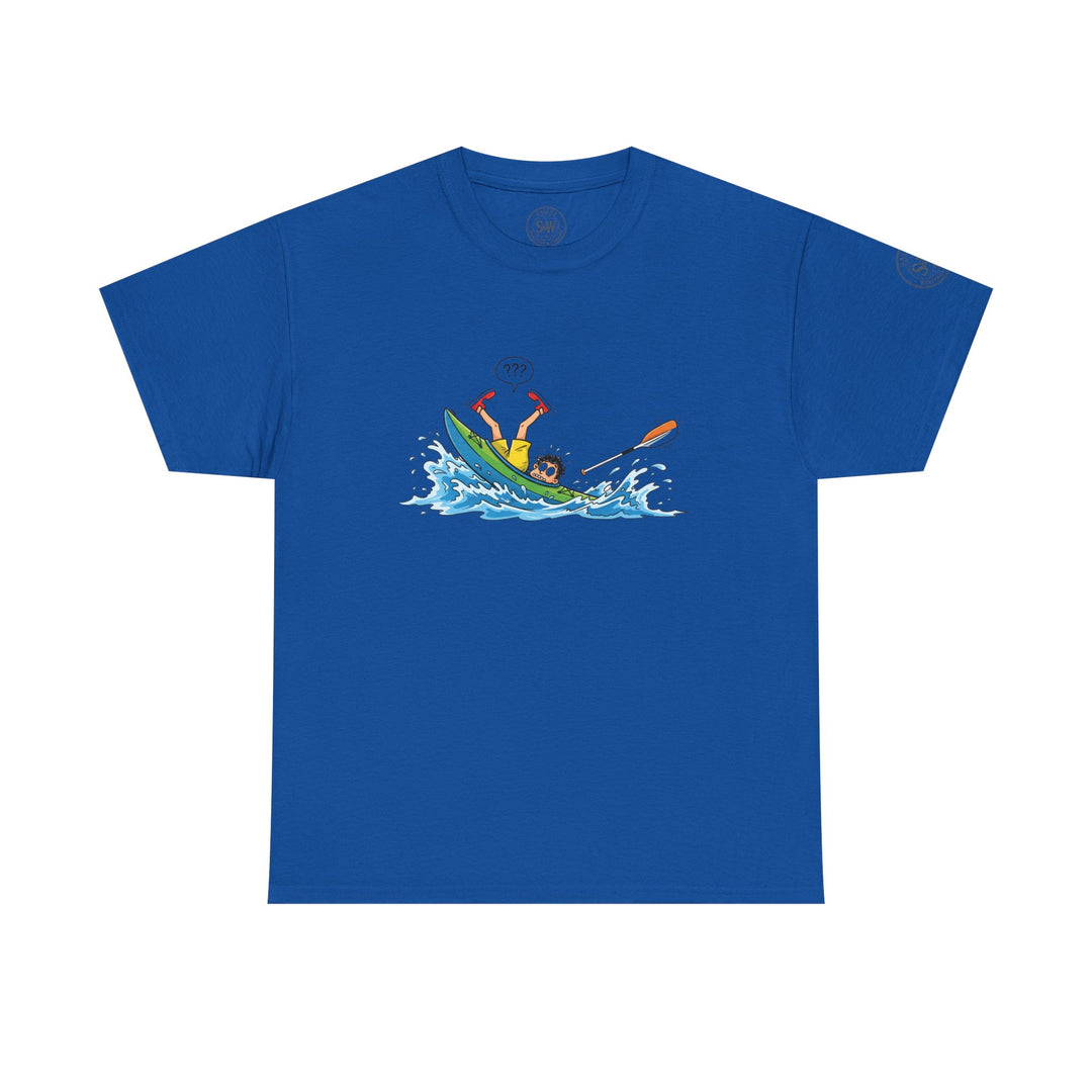 Blue T-shirt by S&amp;W Gallus, featuring a cartoon illustration of a person capsizing in a kayak.